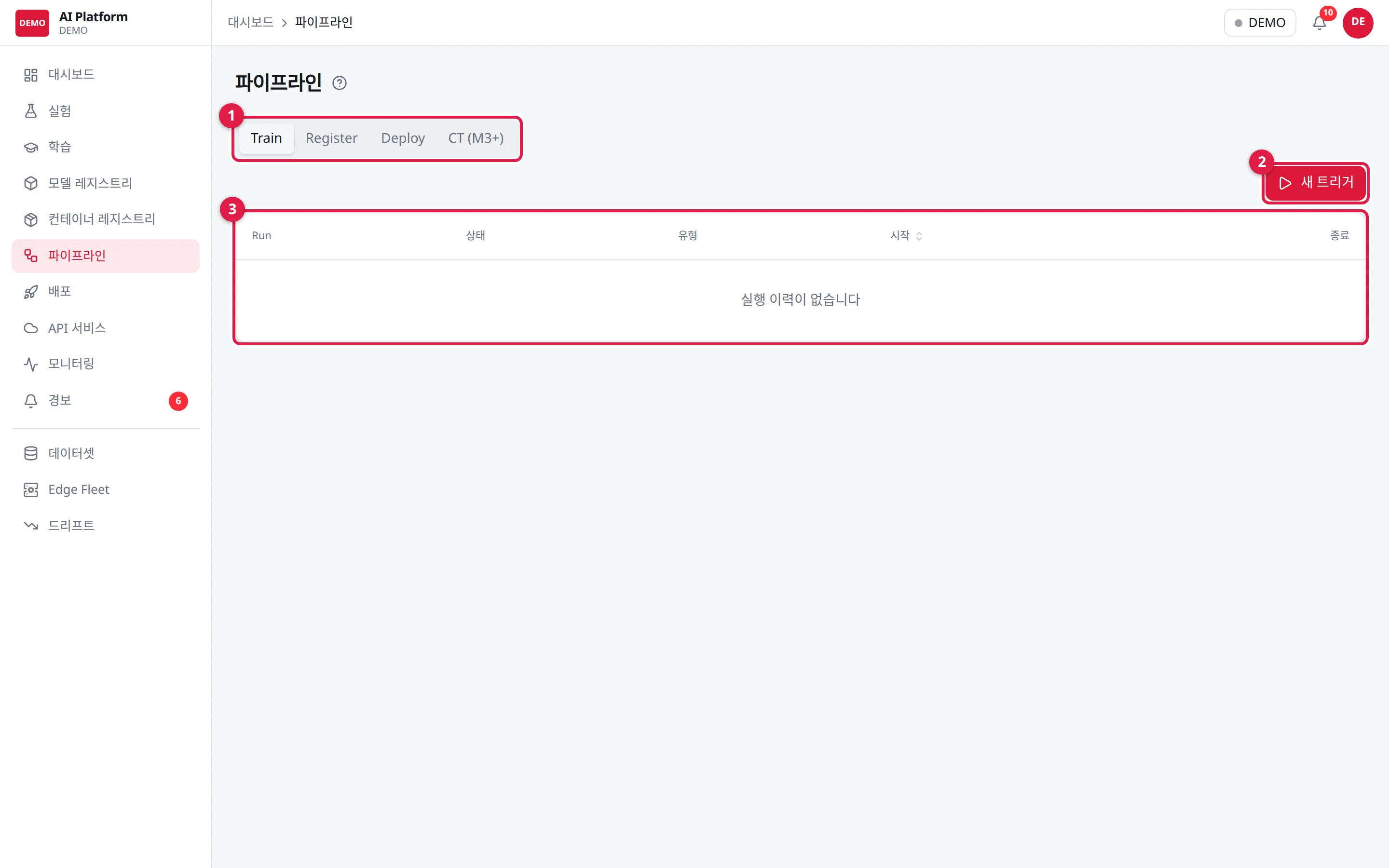 파이프라인: ① Train·Register·Deploy·CT 탭 ② 새 트리거 ③ 실행 이력