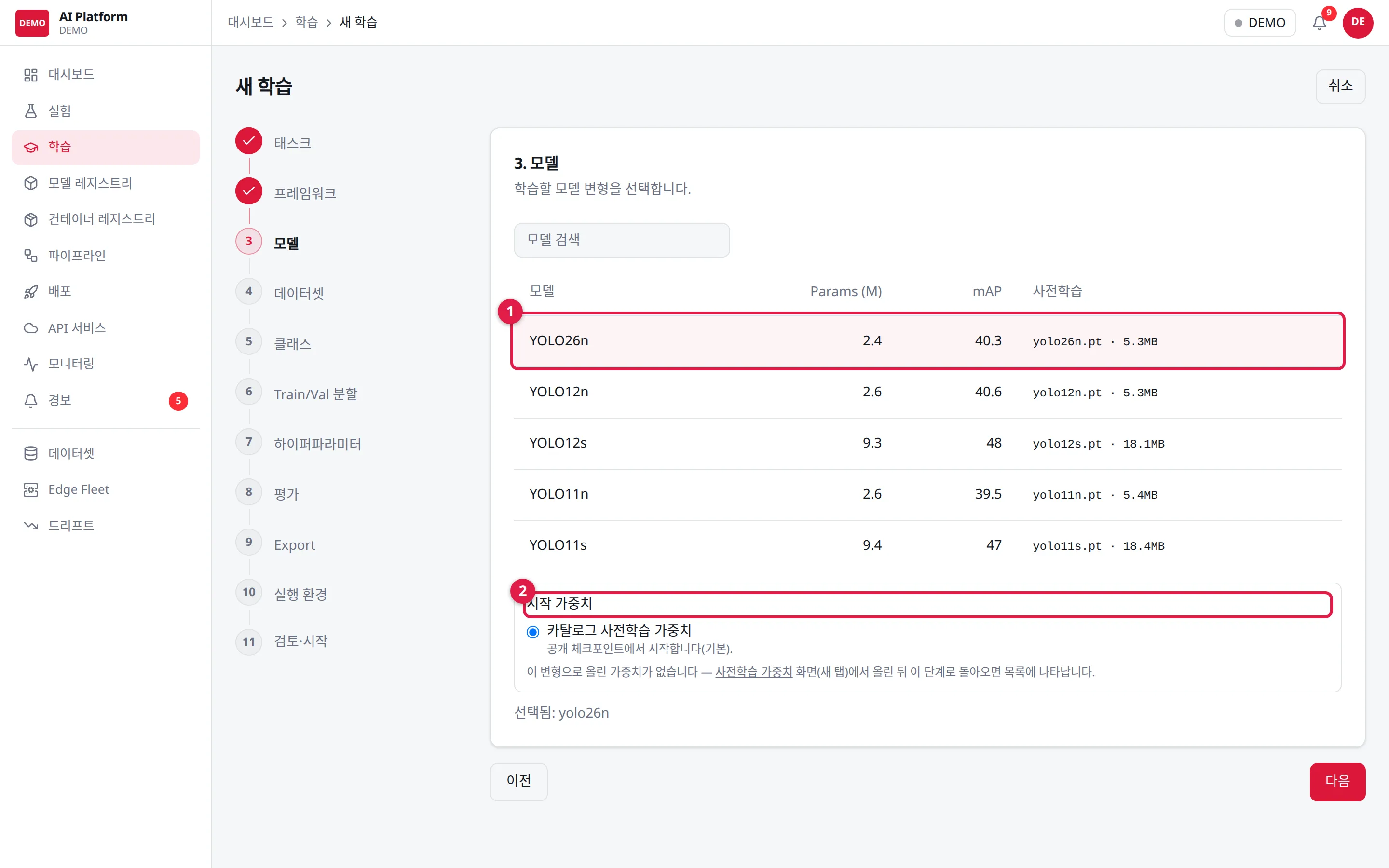 3단계 모델: ① 모델 변형 ② 시작 가중치